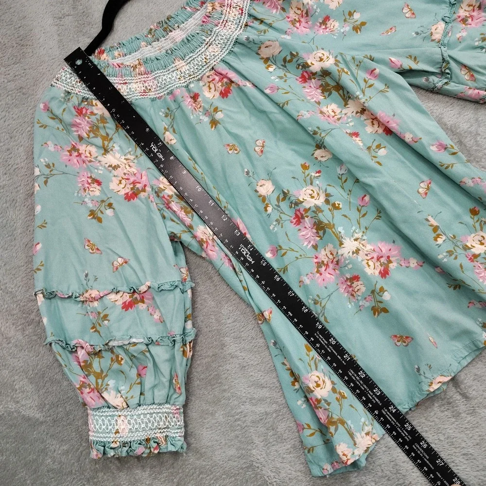 Spartina 449 Top M Boho Floral Smocked Neck Blouson Tiered Sleeve Cottagecore - Picture 3 of 8
